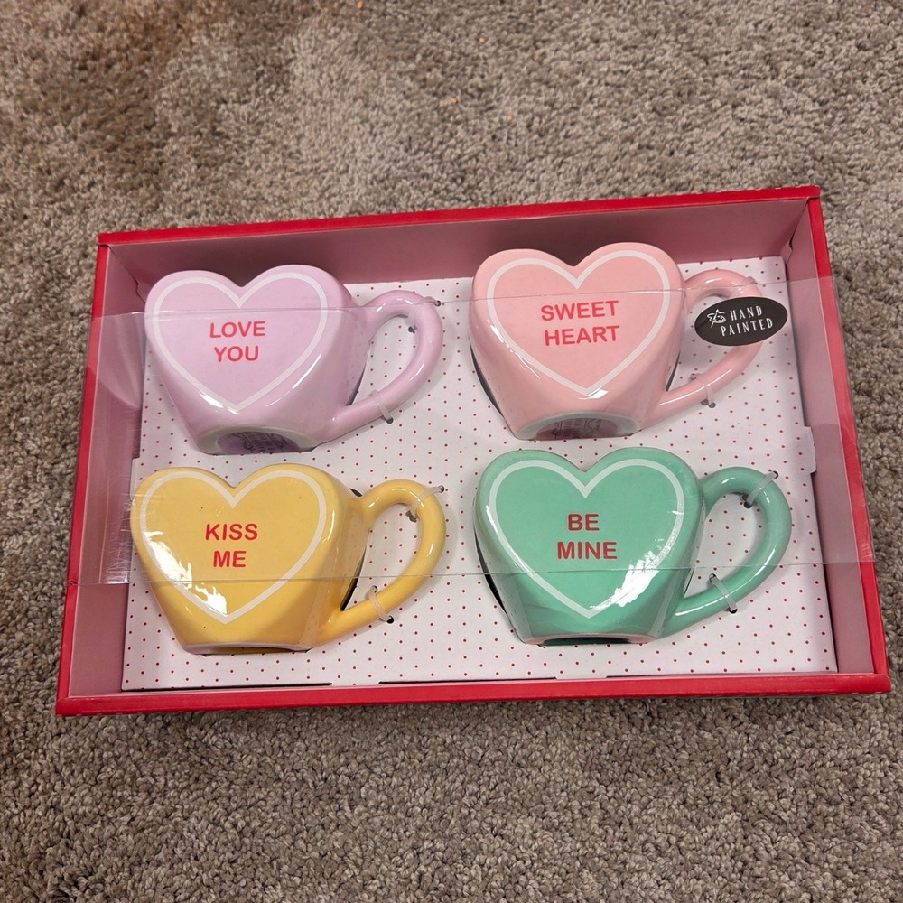 Valentine's Conversation Hearts Espresso Cups Set of 4 Hand Painted - NEW